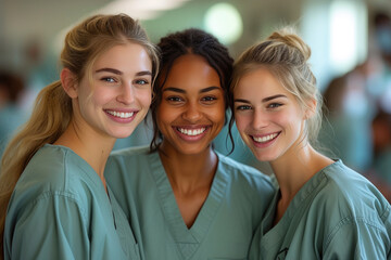 Fototapeta premium Joyful Nurses in Fresh Green Hues: Healthcare Harmony