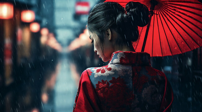 A Woman In A Kimono Holding An Umbrella In The Rain In A City Street At Night With People Walking By, Generative Ai