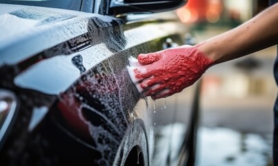 Washing Away Dirt and Grime: Revitalizing the Car's Shine with a Soapy Sponge - obrazy, fototapety, plakaty