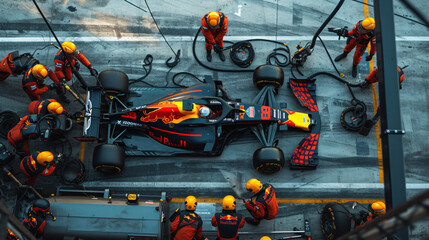Formula 1 Racing Car at Pit Stop Maintenance Tech