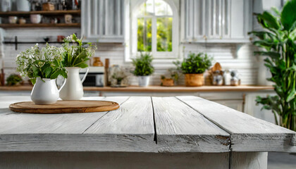 Fototapeta na wymiar Wooden table or surface on the background of a beautiful kitchen
