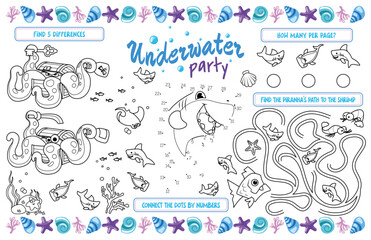Festive placemat for children. Printable mat "Underwater party" with a labyrinth, connect the dots and find the same. 17x11 inch printable vector file