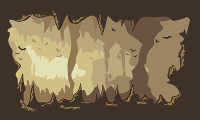 inside cave illustration template with stalactites and stalagmites vector background. - obrazy, fototapety, plakaty