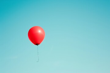Single red balloon floating against a clear sky