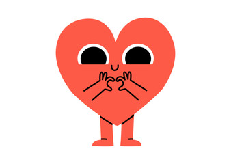 Hand drawn cute illustration heart character makes heart with arms. Fall in love feeling character in doodle style. Valentine's Day holiday romantic mascot with hand gesture sticker, icon. Isolated.