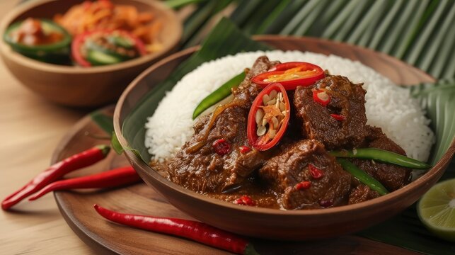 Beef rendang or nasi rendang sapi is a minang dish originating from the minangkabau west sumatra, realistic, HD, copy space - generative ai