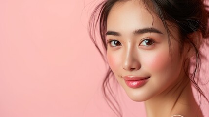Fototapeta premium Woman Poses Against Pink Peach Background, beauty concept background with woman face model