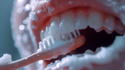 Close up of brushing teeth. AI Generative.