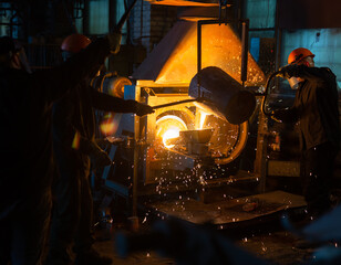 Pouring molten metal into a centrifugal machine in the foundry shop of metallurgical plant