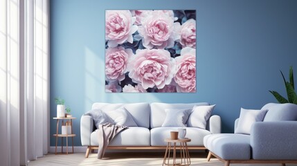 Modern abstract art on canvas featuring pink peonies on a blue background, ideal for interior decoration.