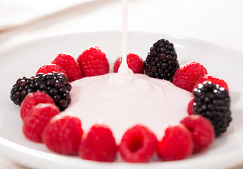 Fresh raspberries and blackberries laid out on a white plate in circle with yogurt