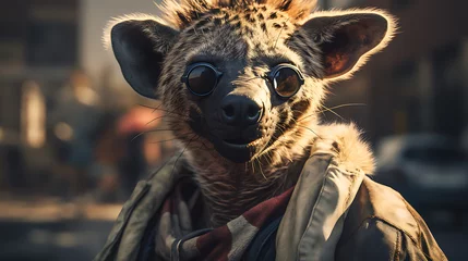Fotobehang close-up selfie portrait of a grinning hyena hipster © Dennis