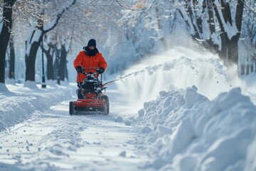 Man Riding Snow Blower Down Snow Covered Road