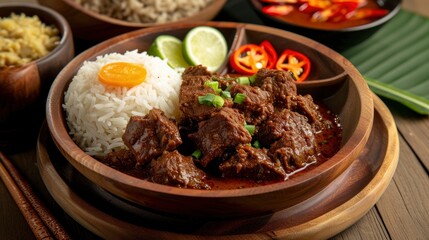 Beef rendang or nasi rendang sapi is a minang dish originating from the minangkabau west sumatra, realistic, HD, copy space - generative ai
