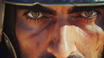Close-up portrait of Spanish colonist explorer in a marion helmet