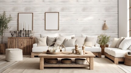 white farmhouse living room with wooden furniture and wall imitation