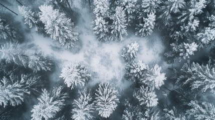 Snowy white forest in the mountains in winter, top-down aerial drone view, with a clearing in the forest, natural background nature texture