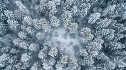 Snowy white forest in the mountains in winter, top-down aerial drone view, with a clearing in the forest, natural background nature texture