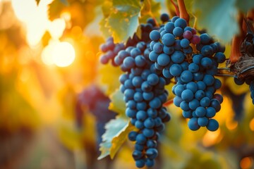 Sun-kissed vineyard, ripe grapes awaiting harvest, in the countryside.