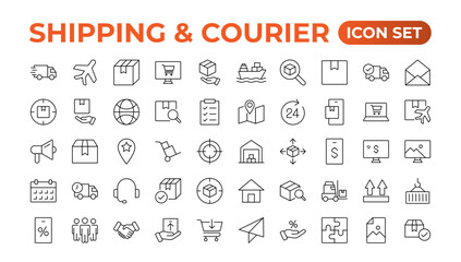Delivery icons set. Collection of simple linear web such as Shipping By Sea Air,Date, Courier, Return Search,Parcel, Fast Shipping. service icon Contains order tracking, courier, and cargo icons.