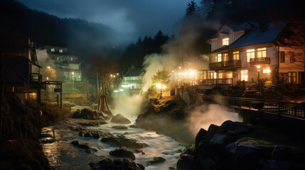 湯けむりの温泉街、架空の日本の古い写真、Hot springs at night, town lights, and...