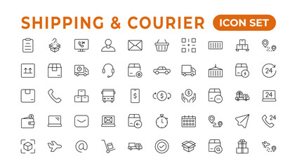 Fototapeta na wymiar Delivery icons set. Collection of simple linear web such as Shipping By Sea Air,Date, Courier, Return Search Parcel, Fast Shipping. service icon Contains order tracking, courier, and cargo icons.