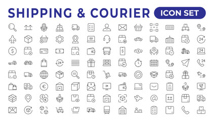 Delivery icons set. Collection of simple linear web such as Shipping By Sea Air,Date, Courier,  Return Search Parcel, Fast Shipping. service icon Contains order tracking, courier, and cargo icons.
