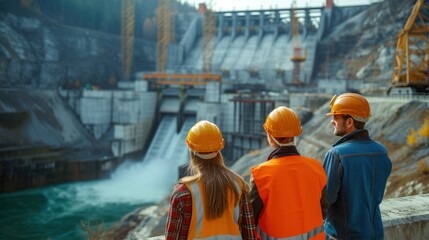 Three People in Hard Hats Looking at a Dam - obrazy, fototapety, plakaty