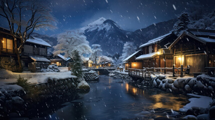 冬の雪国の夜景、架空の日本の古い写真、Winter snow country, imaginary Japanese landscape. A nostalgic old image.Generative AI
