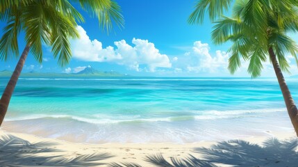 Fototapeta na wymiar Tropical paradise beach scene with palm trees and turquoise sea on a sunny blue background