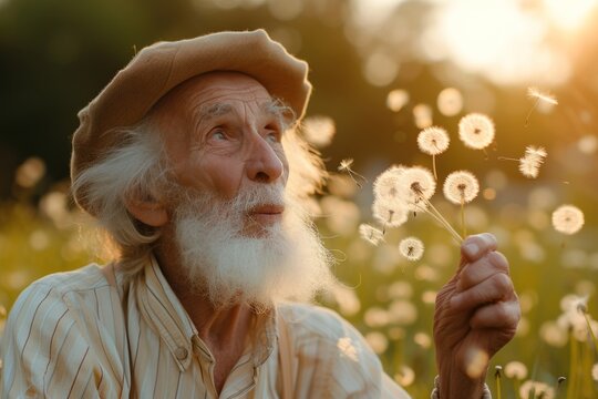 Old Man Blowing Dandelion in Field