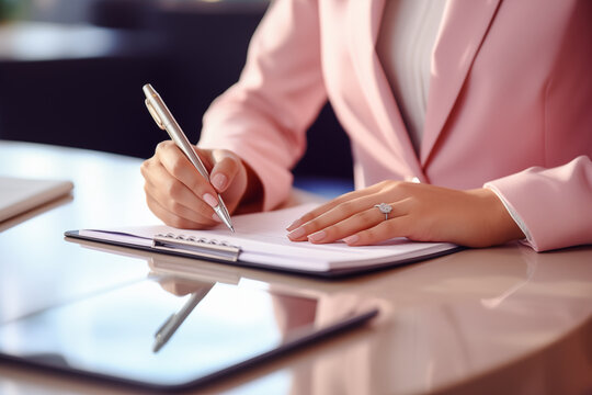 Business woman sitting at a desk in her office writing in her business agenda, planning the week, taking notes.
