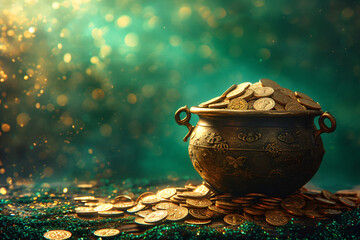 Gold pot full of coins on blurred green background with golden bokeh lights. Fantasy fairy tail background. St. Patrick's day holiday symbol. Template for design card, invitation, banner - obrazy, fototapety, plakaty