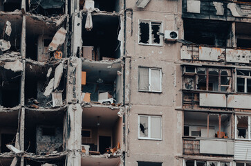 destroyed and burned houses in the city during the war in Ukraine