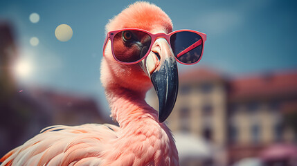 Close-up selfie portrait of a fantastic flamingo wearing sunglasses