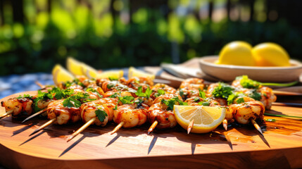 Fresh skewers of seafood with lemon and parsley.