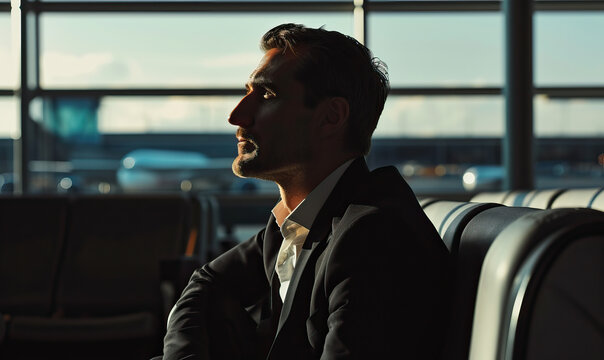 Natural candid shot of middle-aged American businessman in modern, sleek and stylish suit waiting at an airport terminal on a business trip. Sunny, clear blue sky