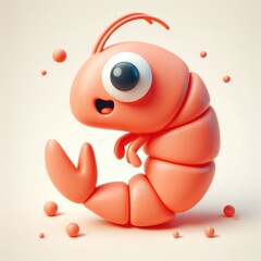 Cute 3D shrimp on a light background. 3D clay cartoon model of a shrimp.