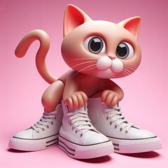 Stylish 3D cat in sneakers on a light background. 3D clay cartoon model of a cat wearing sneakers.
