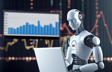 AI Trading. AI Robot on chatGPT generate analytic Trading chart. AI trading bots. Artificial intelligence bot on investment. Broker Crypto bot. Trader Robot on analys cryptocurrency. Gas oil futures - obrazy, fototapety, plakaty