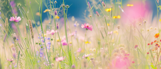 Natural organic texture background, field of flowers on bright sunny day in summer. Nature textures, spring background