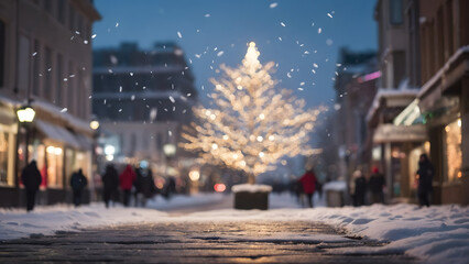 picturesque cityscape adorned with sparkling Christmas lights, a snowy street, and a majestic tree, illuminating the festive season with enchanting charm.