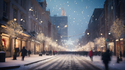Winter street scene with snowy sidewalks, showcasing the serene beauty of urban life amidst the tranquil charm of a snow-covered city.