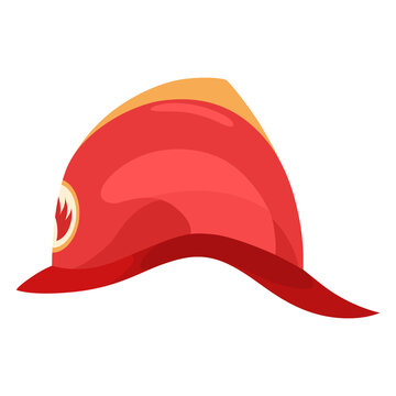 Fireman helmet icon, side view. Hat of firefighter with metal emblemsor logo. Red fireman cup, uniform headwear.  illustration isolated on white