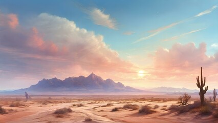Realistic picture of desert landscape with beautiful sky