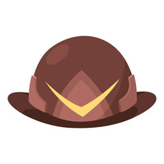 Fireman helmet icon, front view. Hat of firefighter with metal emblemsor logo. Brown fireman cup, uniform headwear.  illustration isolated on white