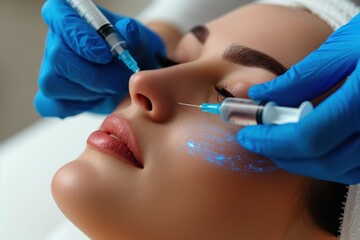 Naklejka premium A Woman Getting a Permanent Tattoo on Her Face, face cosmetology injections