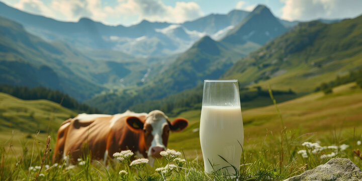 Milk in glass and dairy cow on the background of mountain landscape. Copy space