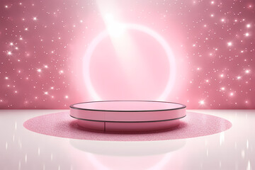 Pink podium 3d illustration background , mock up display with sparkle and glitter for beauty products or holiday event.	