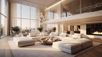 a spacious, luxurious, modern living room with bright interiors.